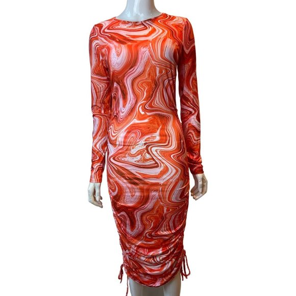 NWT Floerns Womens Marble Print Drawstring Side Bodycon Dress Orange White SZ M - Picture 4 of 13